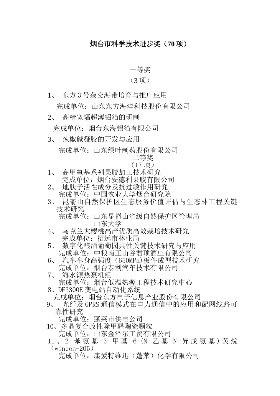 烟台市科学技术进步奖(70项)_第1页