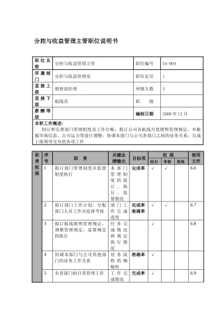 物流公司分控与收益管理主管职位说明书及关键绩效标准