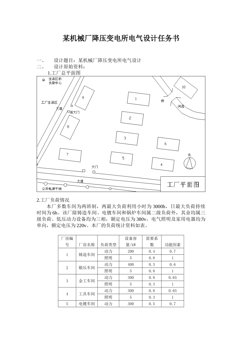 任务9：某机械厂降压变电所电气设计任务书_第2页
