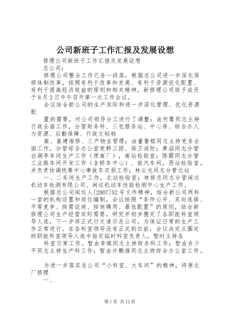 公司新班子工作汇报及发展设想