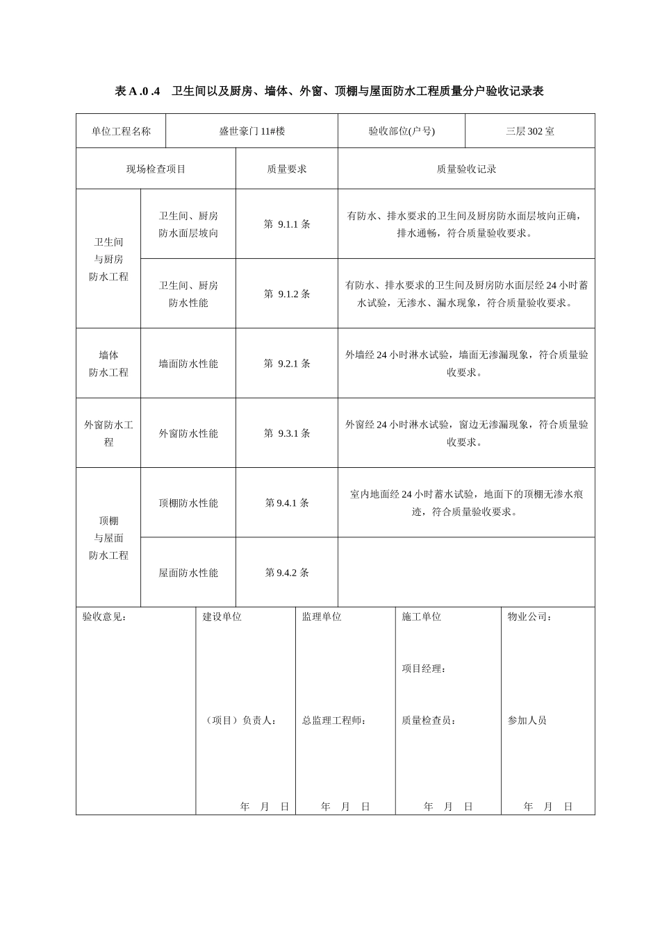 墙体、外窗、顶棚与屋面防水工程质量分户验收记录表_第2页