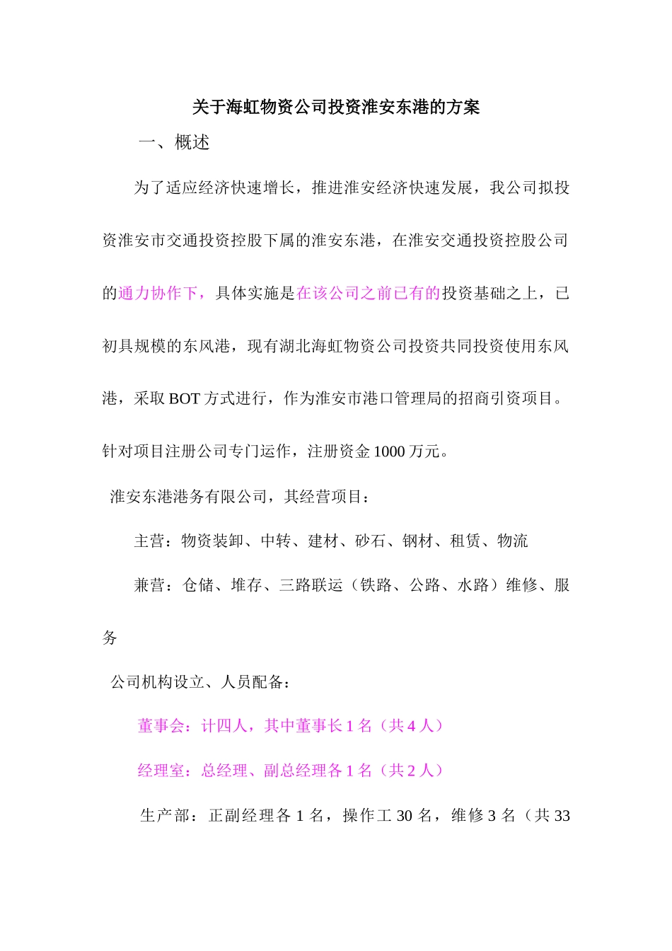 关于海虹物资公司投资淮安东风港的方案(1)[1]_第1页