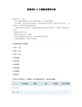 客服团队11月满意度调研问卷