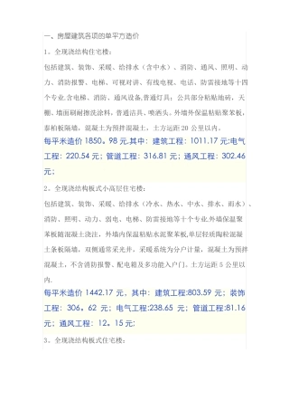 工程造价各项单方指标参考