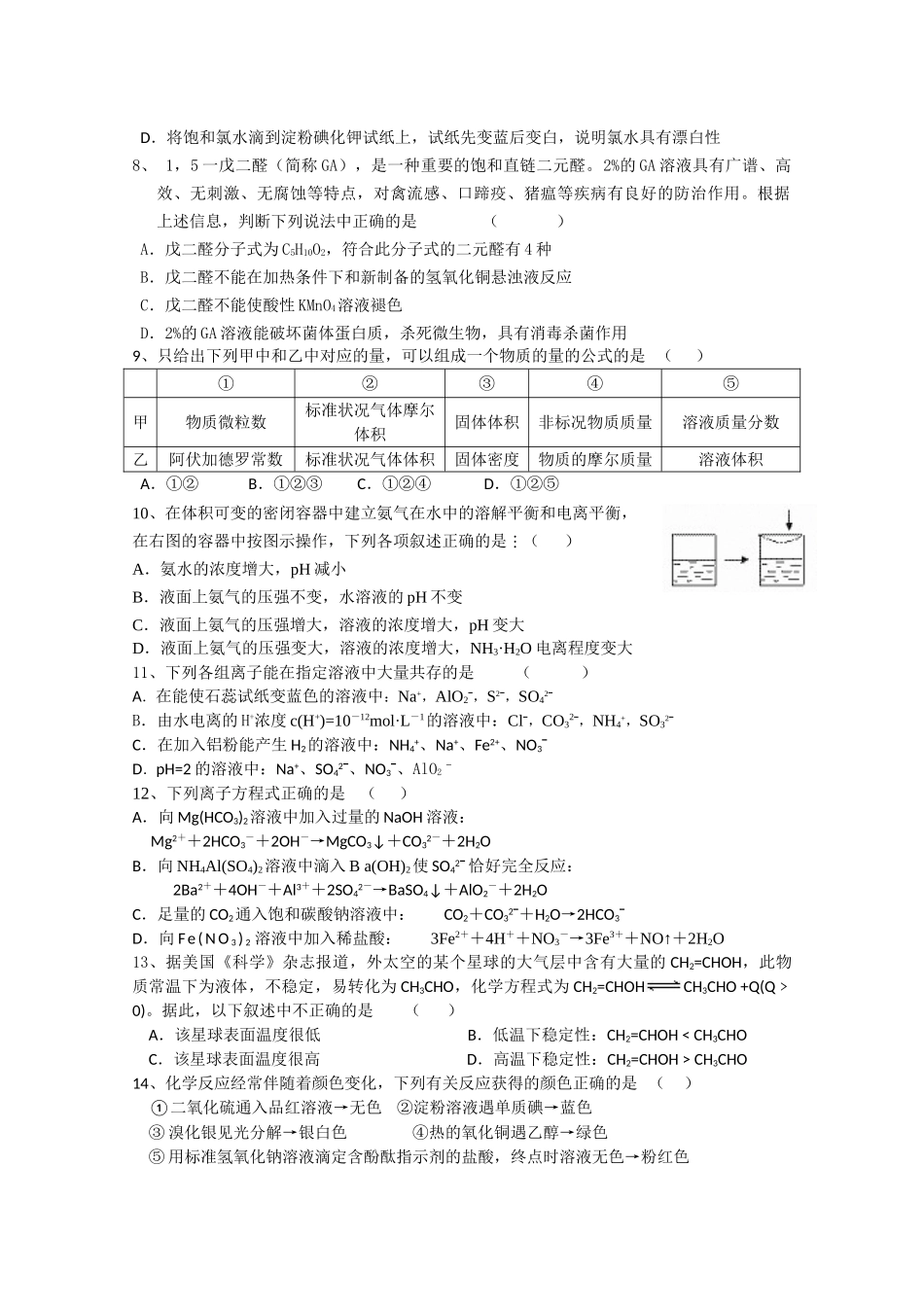 上海市复兴中学、建平中学、上师大附中等六校2011届高三联考(化学)1_第2页