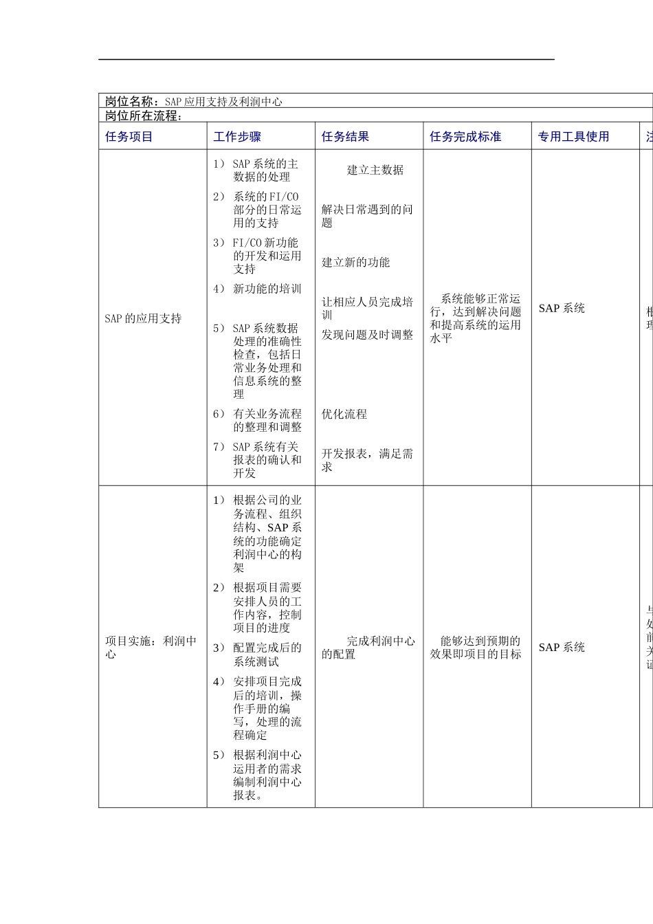 SAP应用支持及利润中心岗位说明书_第1页