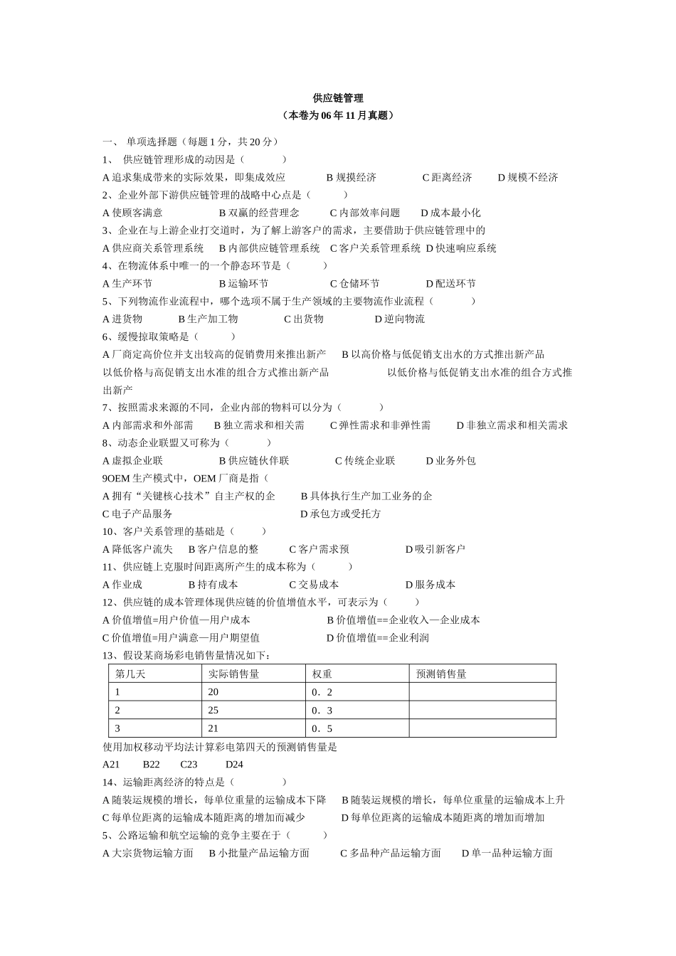 供应链管理考试试题_第1页