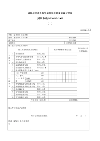 通风与空调设备安装检验批质量验收记录表Ⅰ