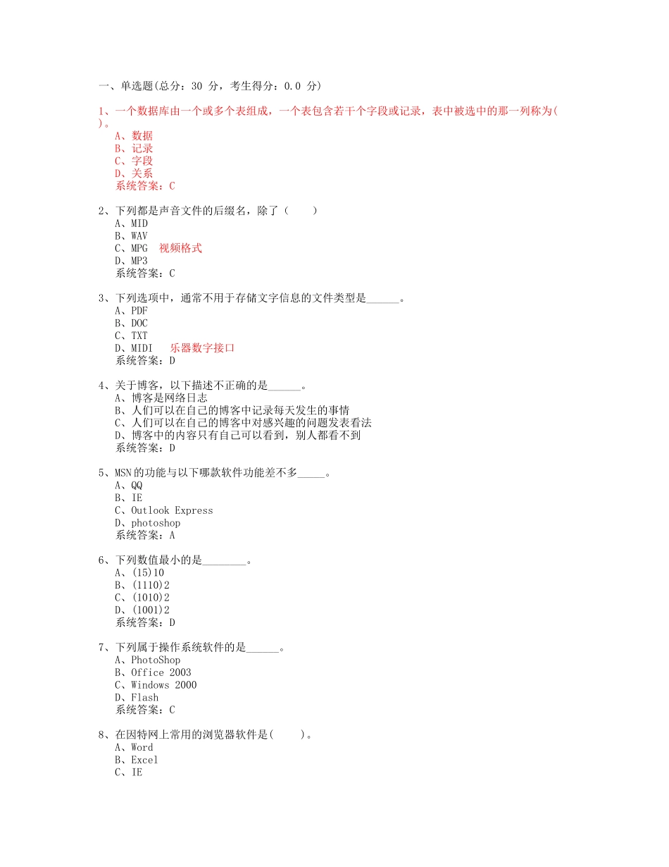 XXXX河南高中信息技术学业水平测试全真模拟试题-07_第1页