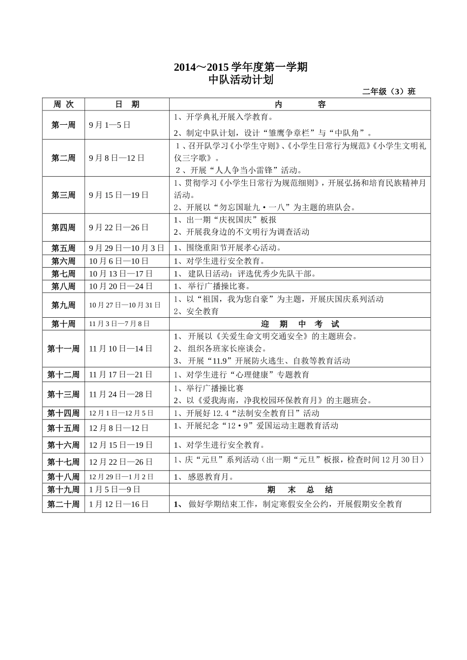 2014—2015第一学期二（3）班中队活动计划_第1页