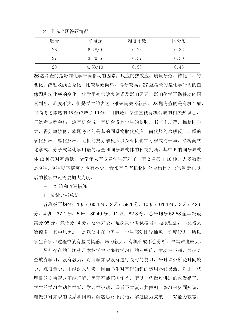 方正县第一中学高二化学期中考试试卷分析_第2页