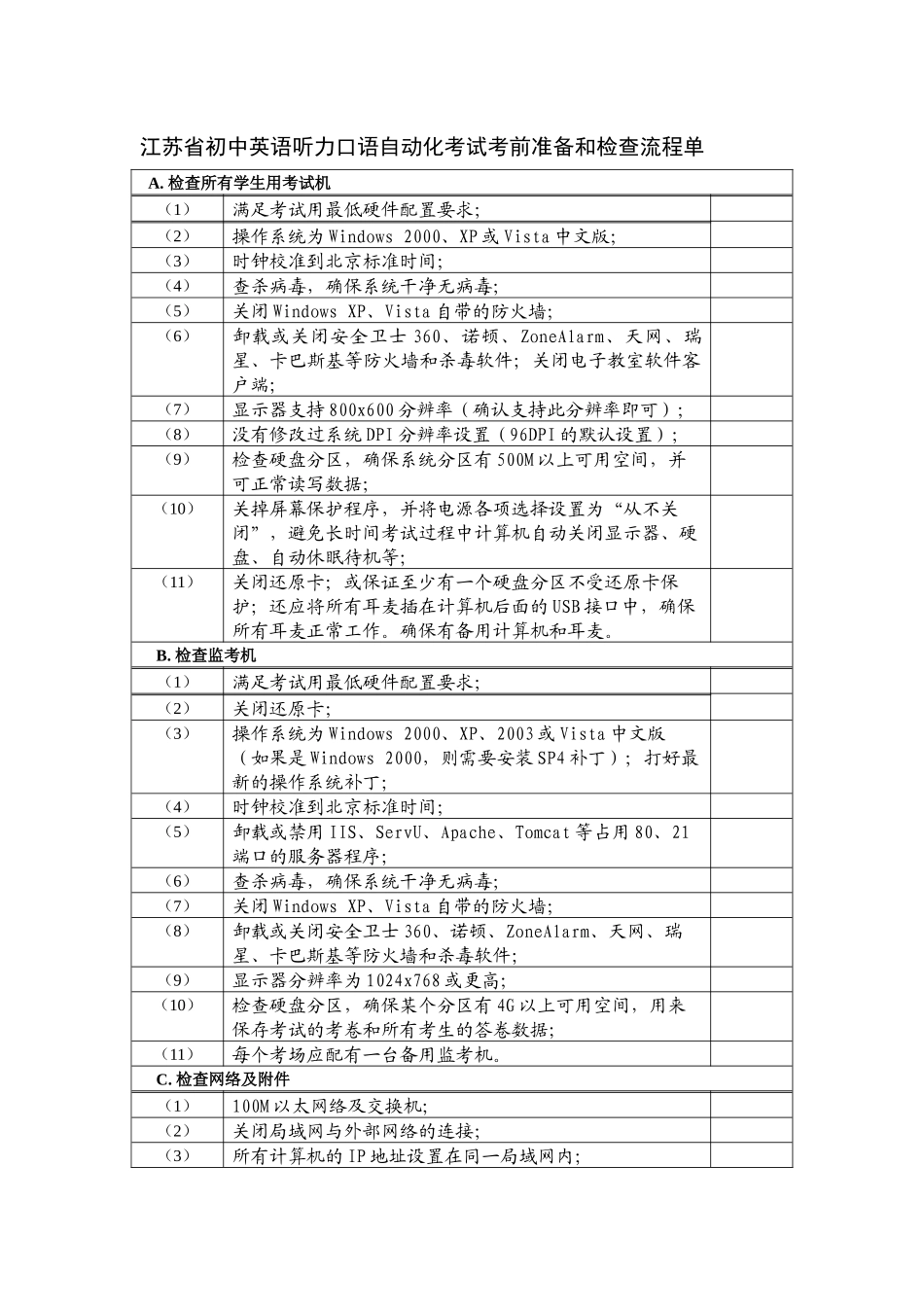 江苏省初中英语听力口语自动化考试考前准备和检查流程单_第1页