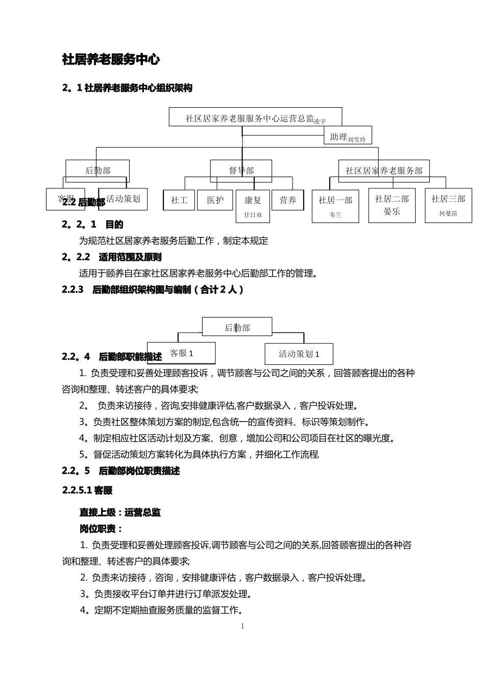 颐养自在家社区居家养老服务中心组织架构及编制岗位_第1页