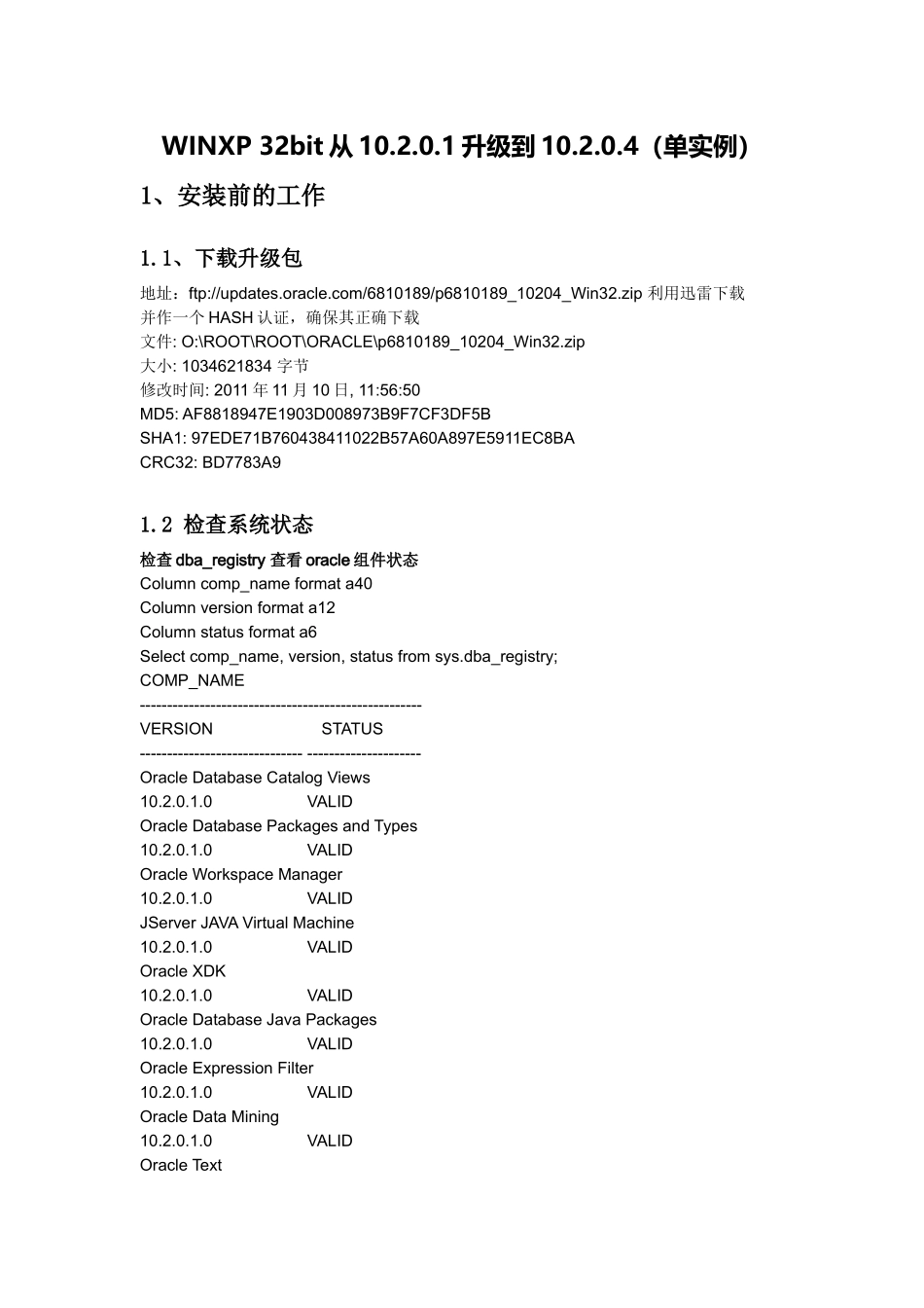 oracle 10g 单实例 升级方案文档_第1页
