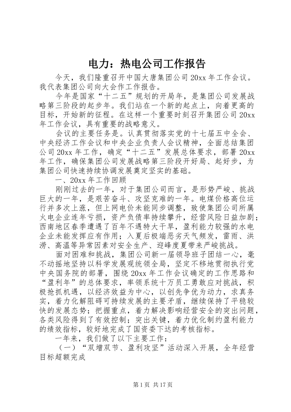 电力：热电公司工作报告_第1页