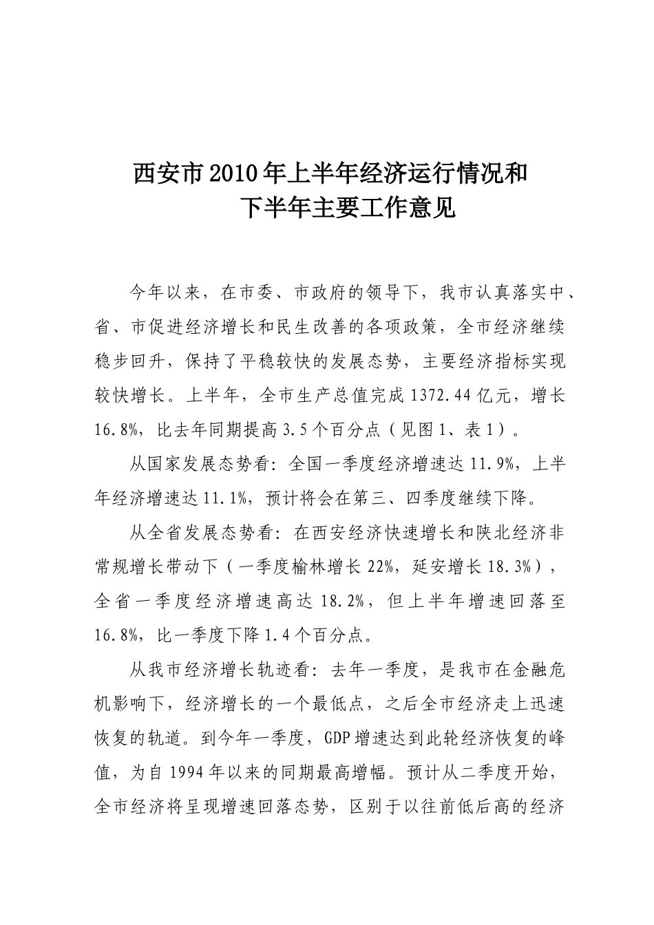 西安市XXXX年上半年经济运行情况和下半年主要工作意见-_第1页