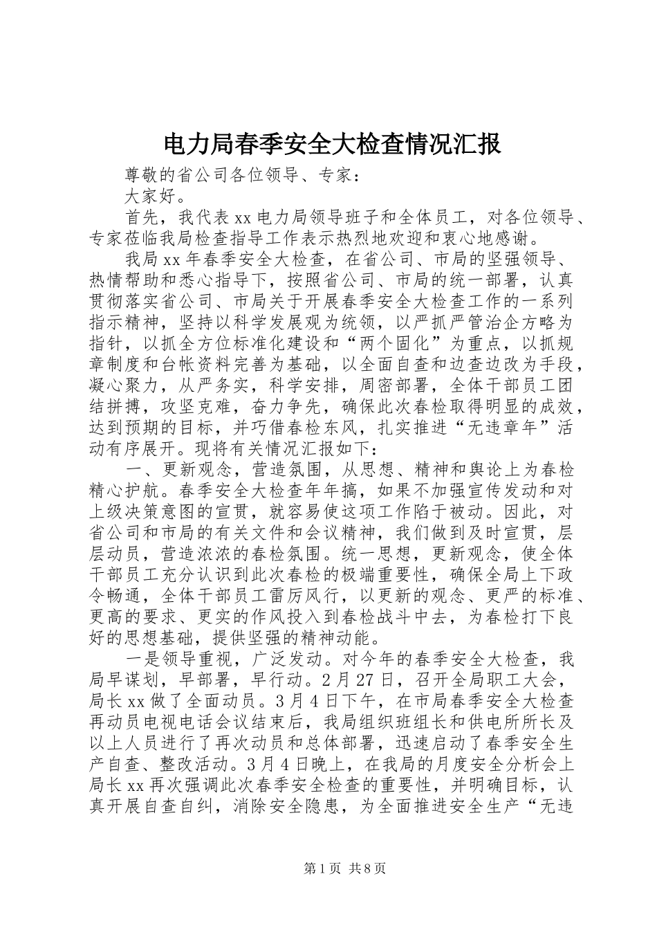 电力局春季安全大检查情况汇报_第1页