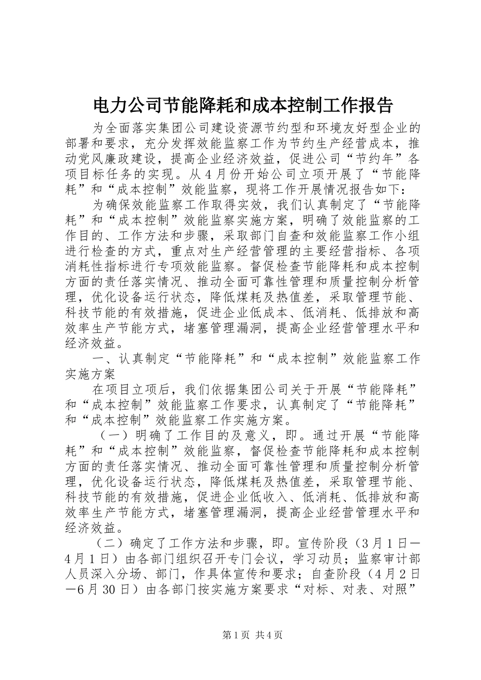 电力公司节能降耗和成本控制工作报告_第1页