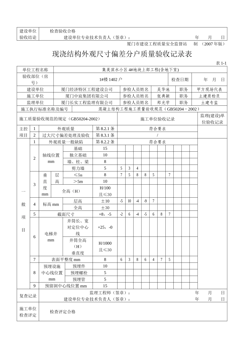 表1-1现浇结构外观尺寸偏差分户质量验收记录表14-33_第2页