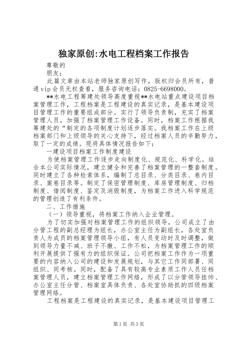 独家原创-水电工程档案工作报告_第1页