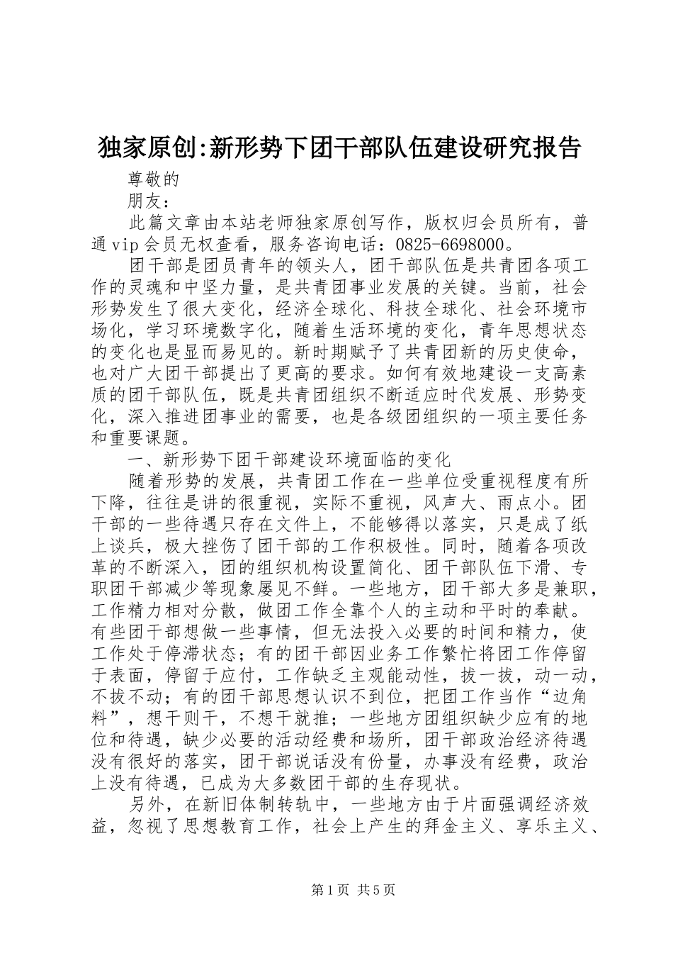 独家原创-新形势下团干部队伍建设研究报告_第1页