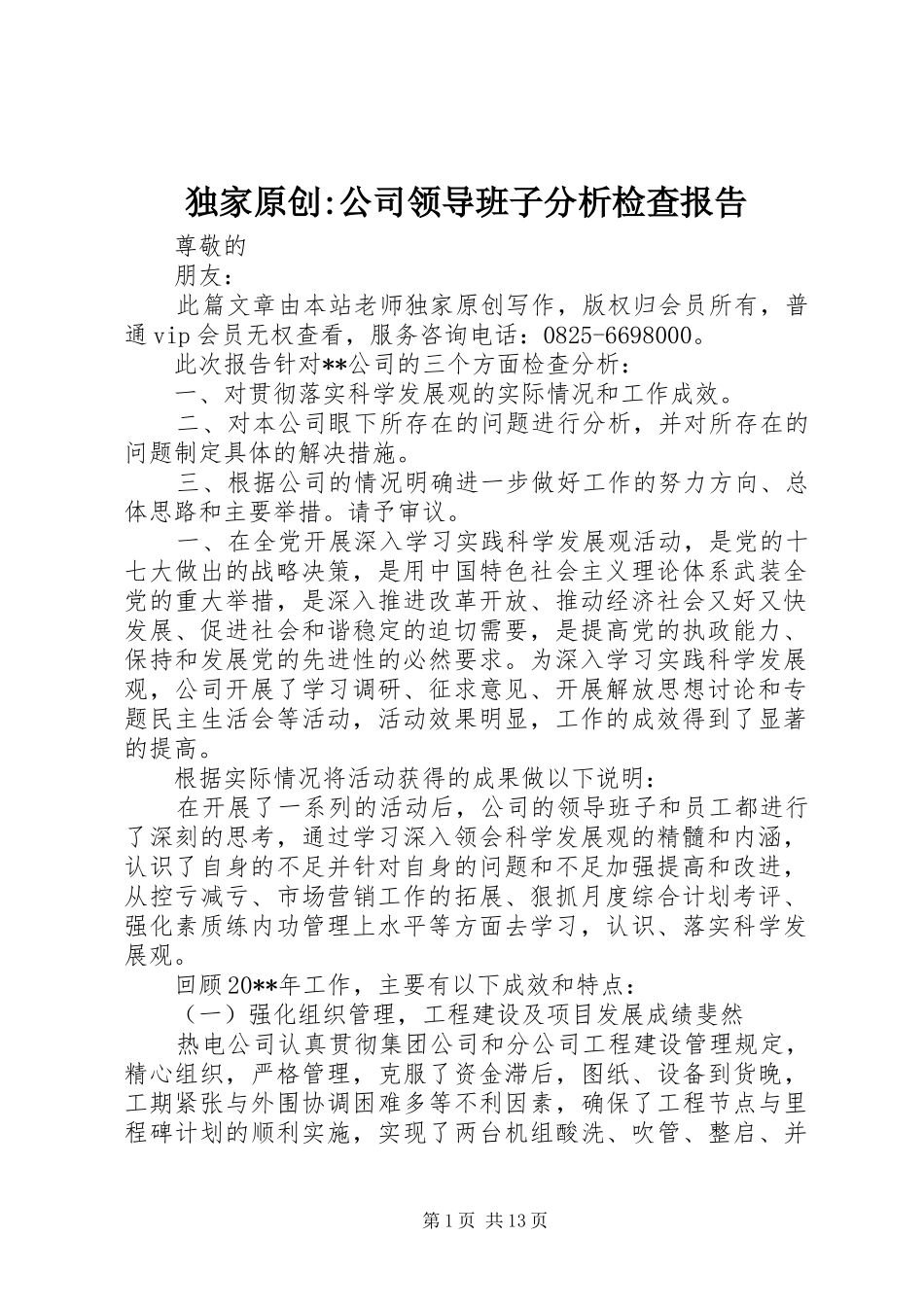独家原创-公司领导班子分析检查报告_第1页
