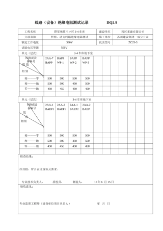 线路(设备)绝缘电阻测试记录DQ2.9