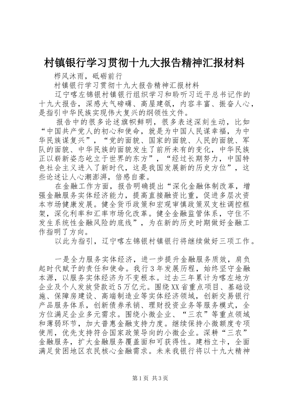 村镇银行学习贯彻十九大报告精神汇报材料_第1页