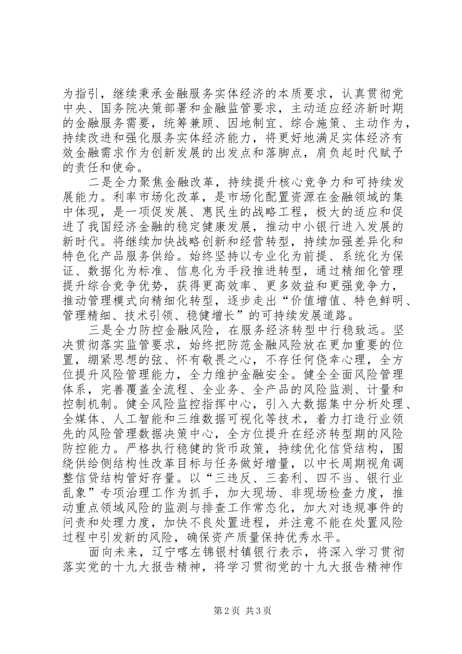 村镇银行学习贯彻十九大报告精神汇报材料_第2页
