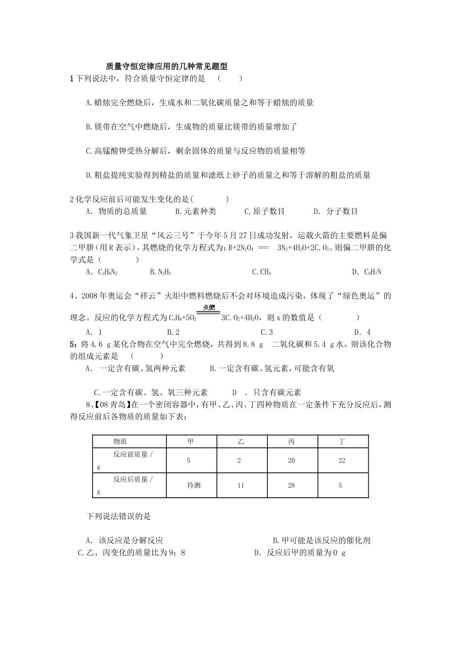 质量守恒定律应用的几种常见题型_第1页