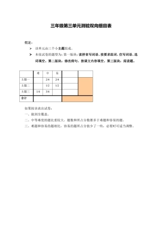 三年级三单元测验双向细目表