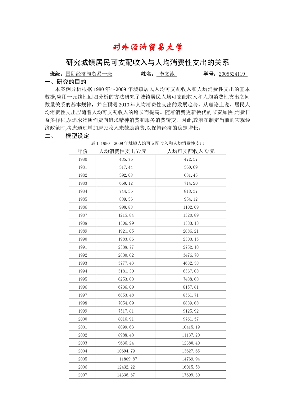 研究城镇居民可支配收入与人均消费性支出的关系(计量经济学模型)_第1页