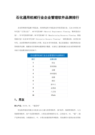 石油化工通用机械工业行业企业管理软件品牌排行