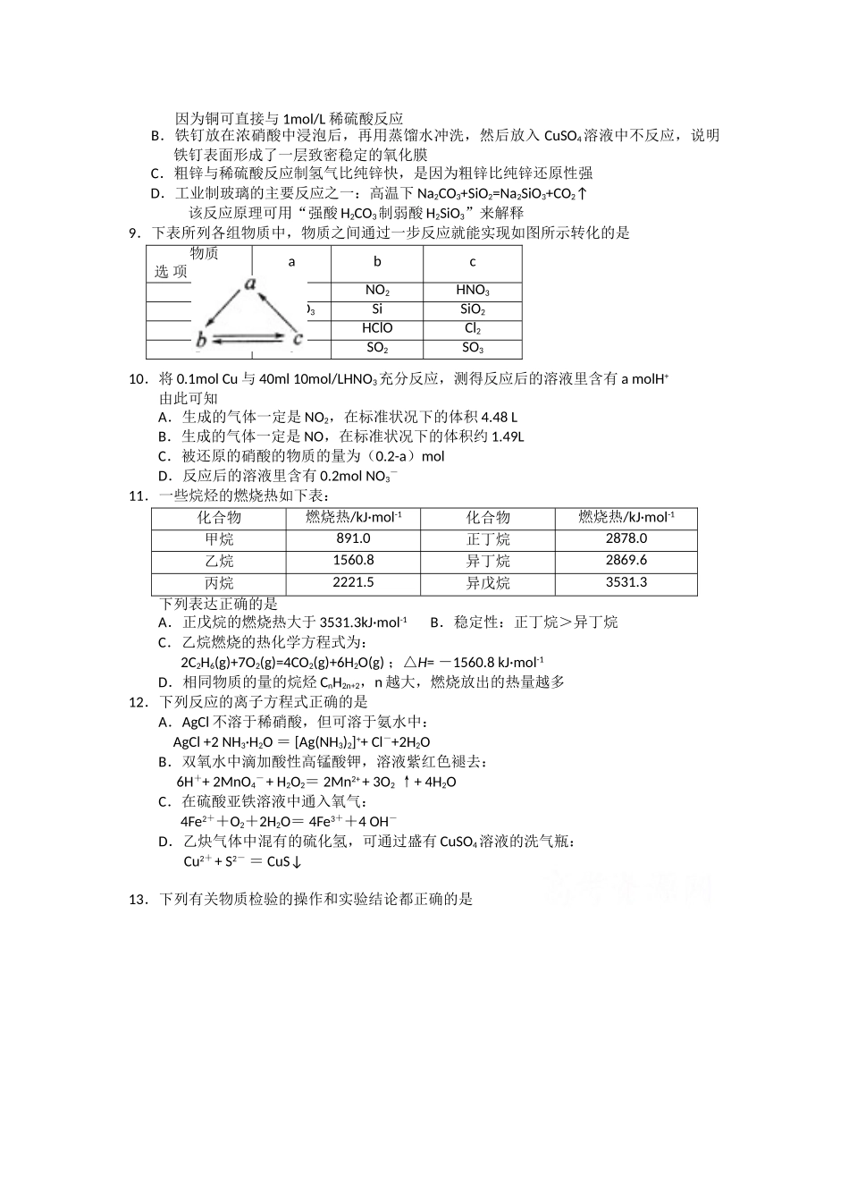 盐城中学2011届高三上学期期中考试(化学)_第2页