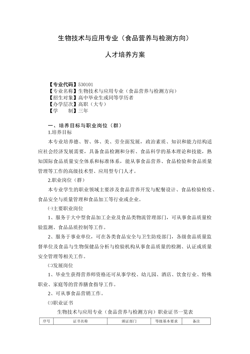 生物技术与应用专业(食品营养与检测方向)人才培养方案5.26_第1页
