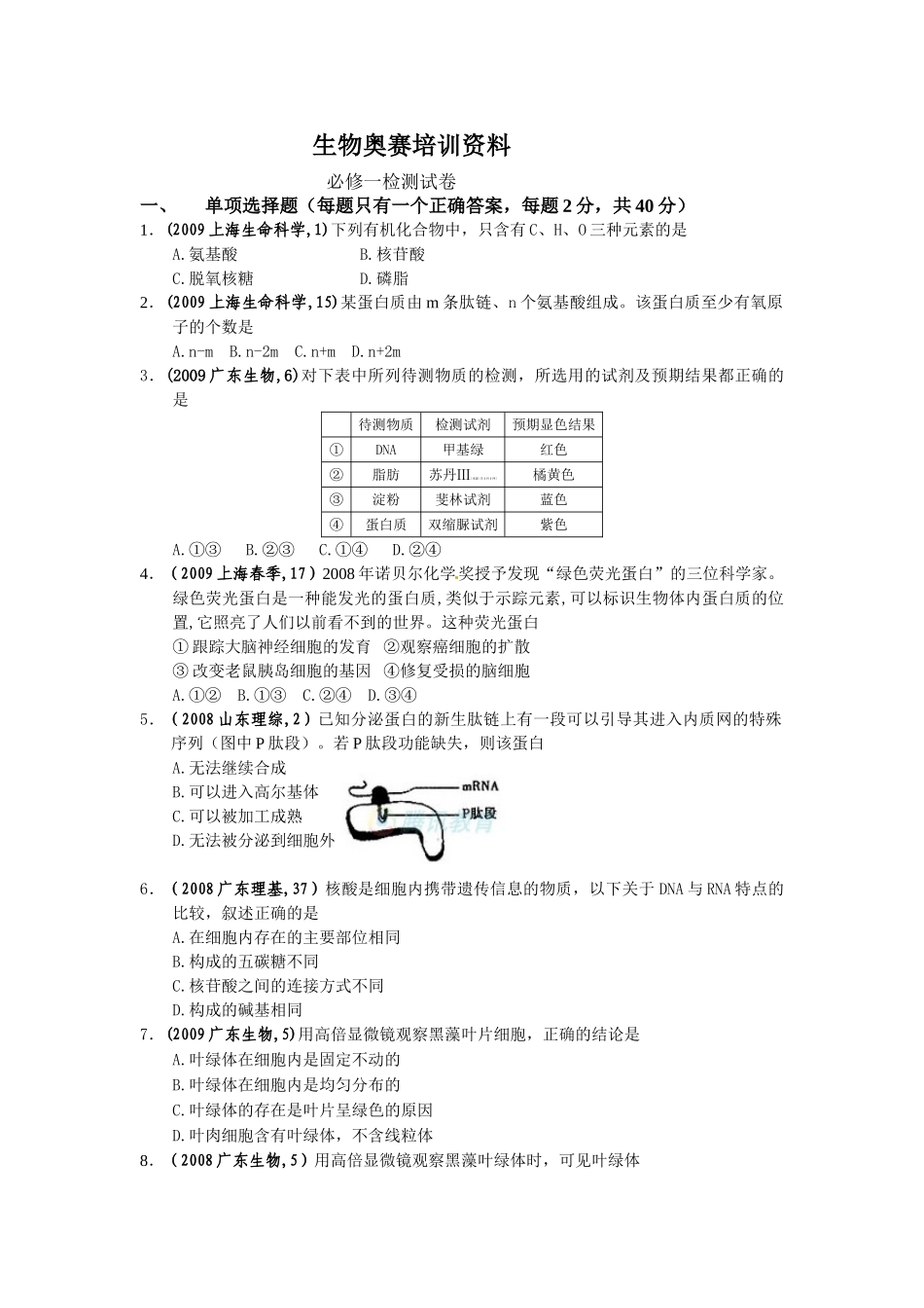 生物奥赛培训资料必修1检测卷_第1页