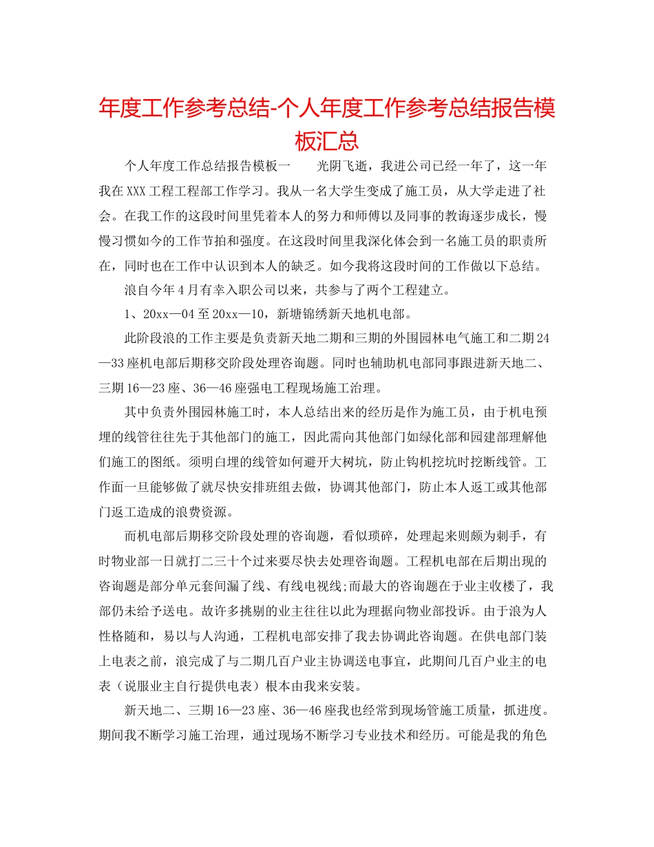 2021年度工作参考总结个人年度工作参考总结报告模板汇总_第1页