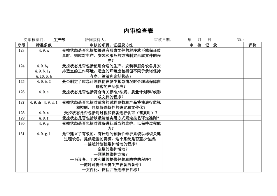 生产部内审检查表_第1页