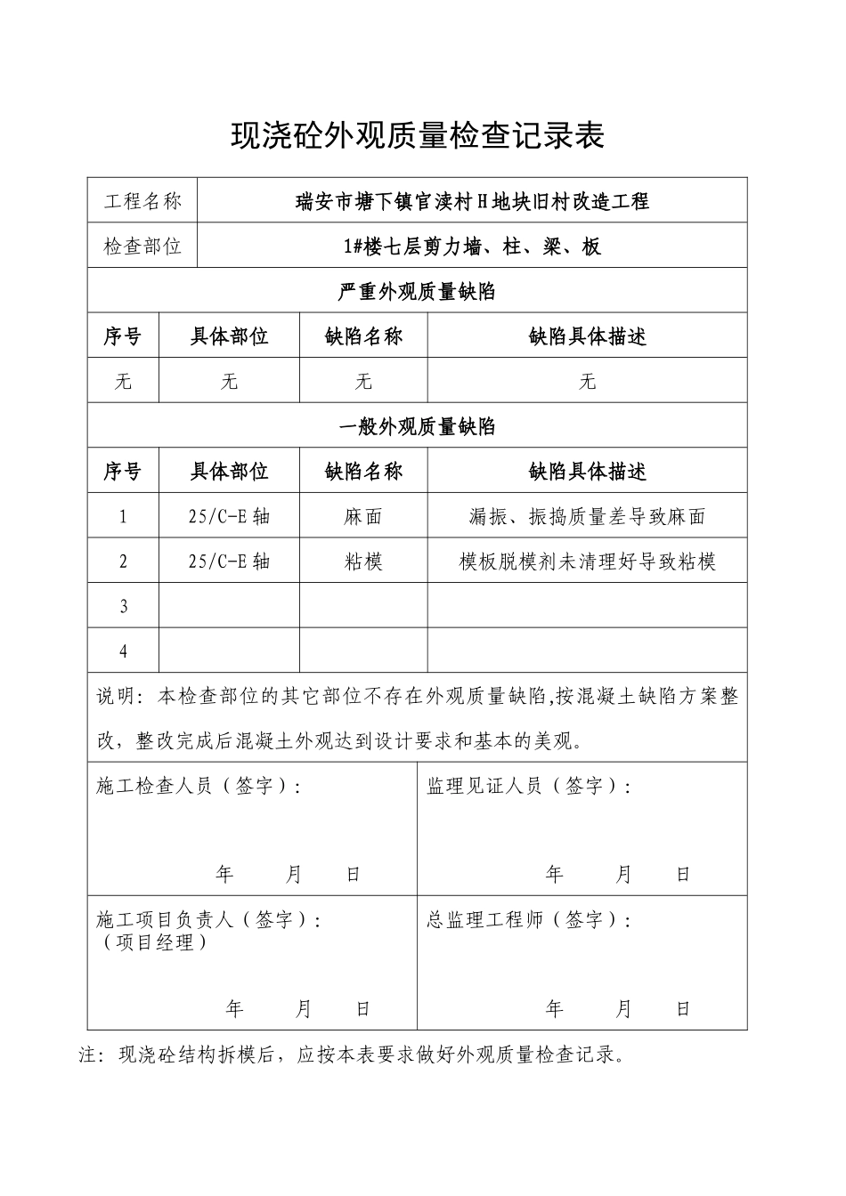 瑞安市塘下镇123#现浇砼外观质量检查记录表_第1页