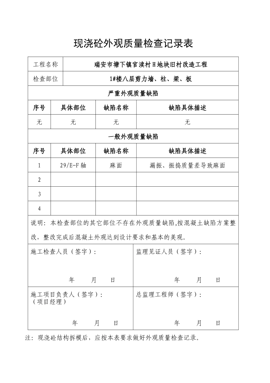 瑞安市塘下镇123#现浇砼外观质量检查记录表_第2页