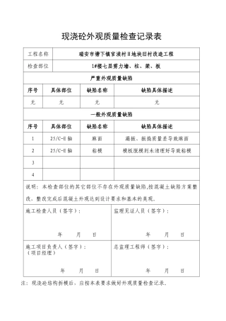 瑞安市塘下镇123#现浇砼外观质量检查记录表