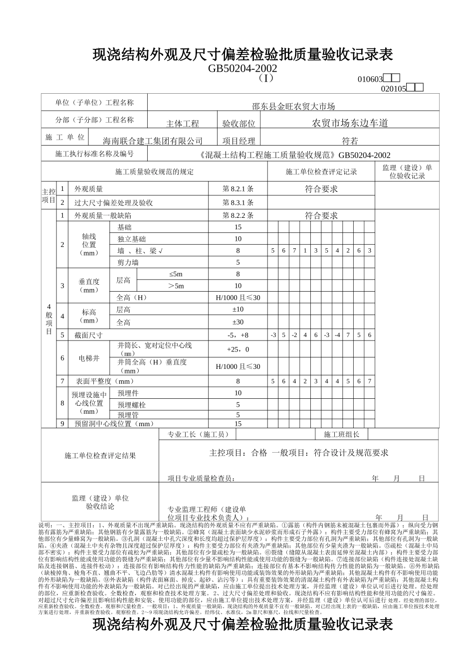 现浇结构外观尺寸偏差及封锚检验批质量验收记录表_第1页