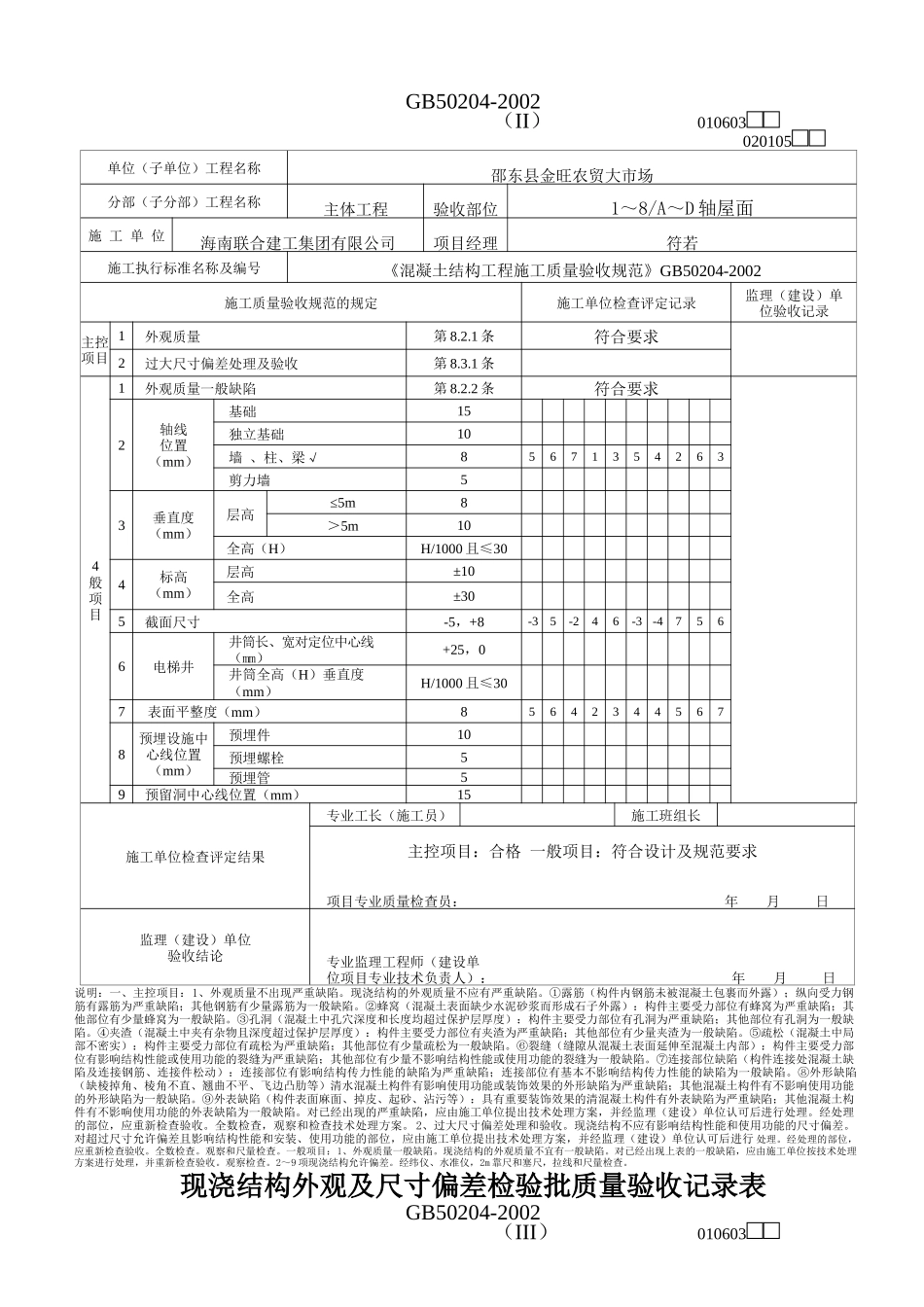 现浇结构外观尺寸偏差及封锚检验批质量验收记录表_第2页