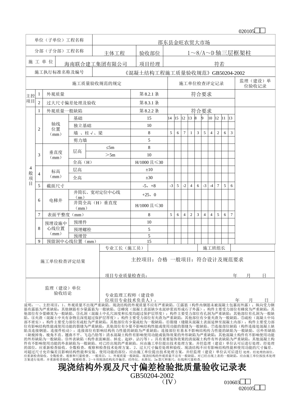现浇结构外观尺寸偏差及封锚检验批质量验收记录表_第3页