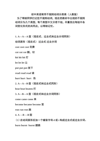 初中英语常用不规则动词分类