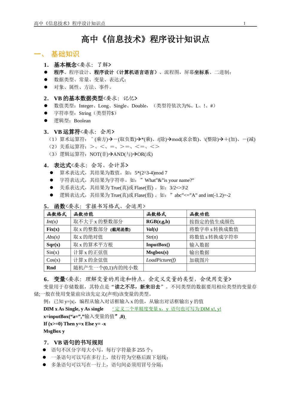 高中《信息技术》VB程序设计部分知识点_第1页