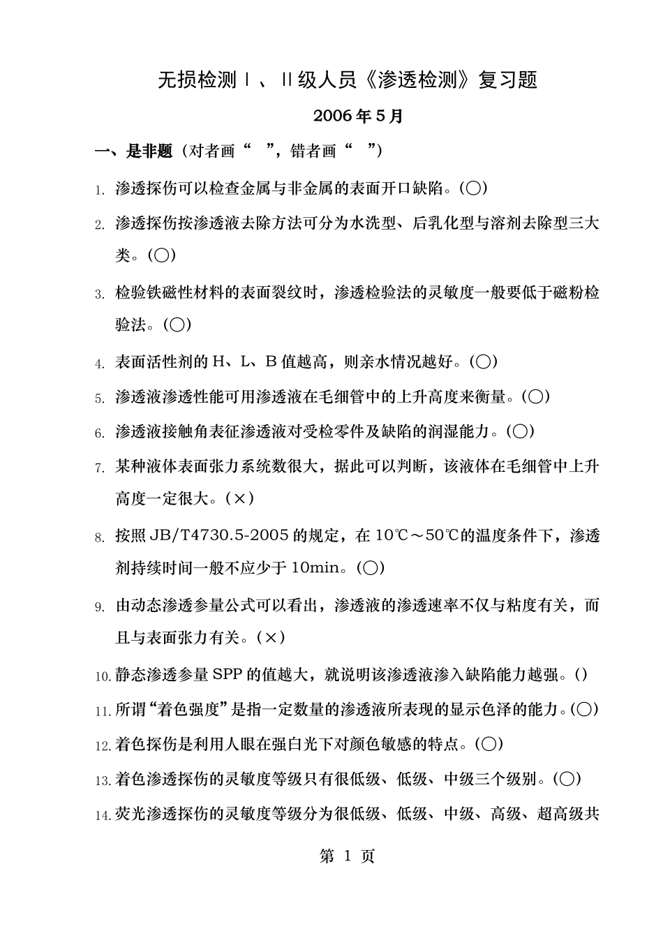 无损检测级人员渗透检测复习题PT_第1页