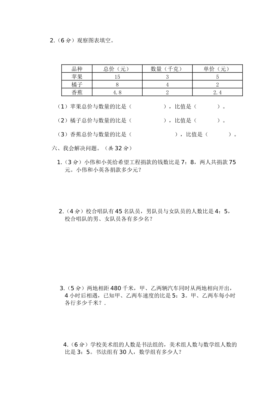 2014-2015上学期六年级数学第四单元测试卷_第3页