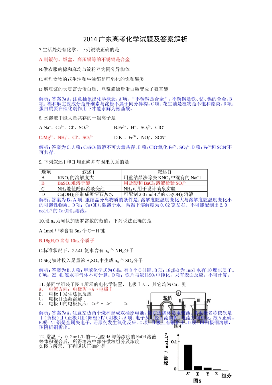 2014广东高考化学试题及答案解析版(WORD)修正_第1页