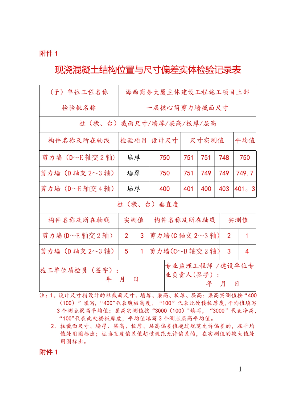现浇混凝土结构位置与尺寸偏差实体检验记录表_第1页